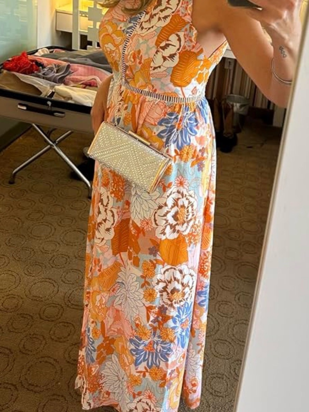 Backless Floral Maxi Dress in Orange and Blue